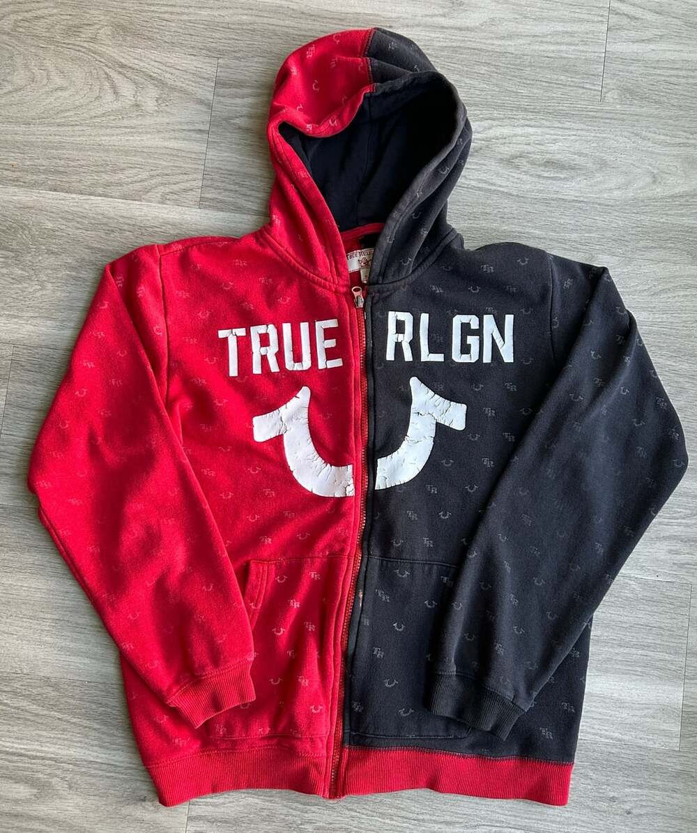 True Religion Zip Up Hoodie Size XL Red Black Split Logo